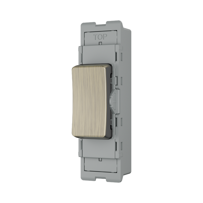 BG GridLite Antique Brass 20A 2 Way Single Pole Retractive Centre-Off Switch Module MAB142C – angled view