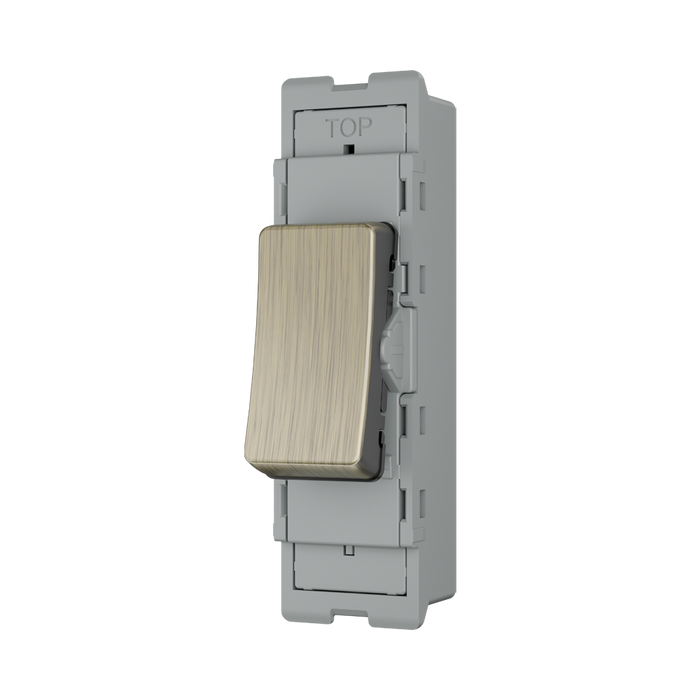BG GridLite Antique Brass 20A 1 Way Retractive Switch Module MAB14 – angled view