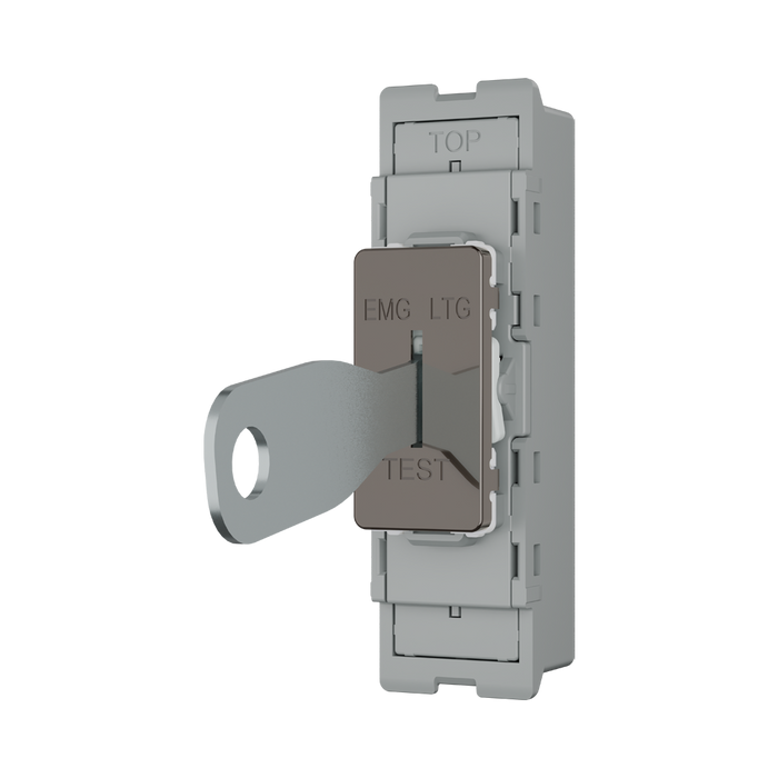 BG GridLite Black Nickel 20A 16AX 2 Way Single Pole Emergency Lighting Test Key Switch Module MBN12EL – angled view