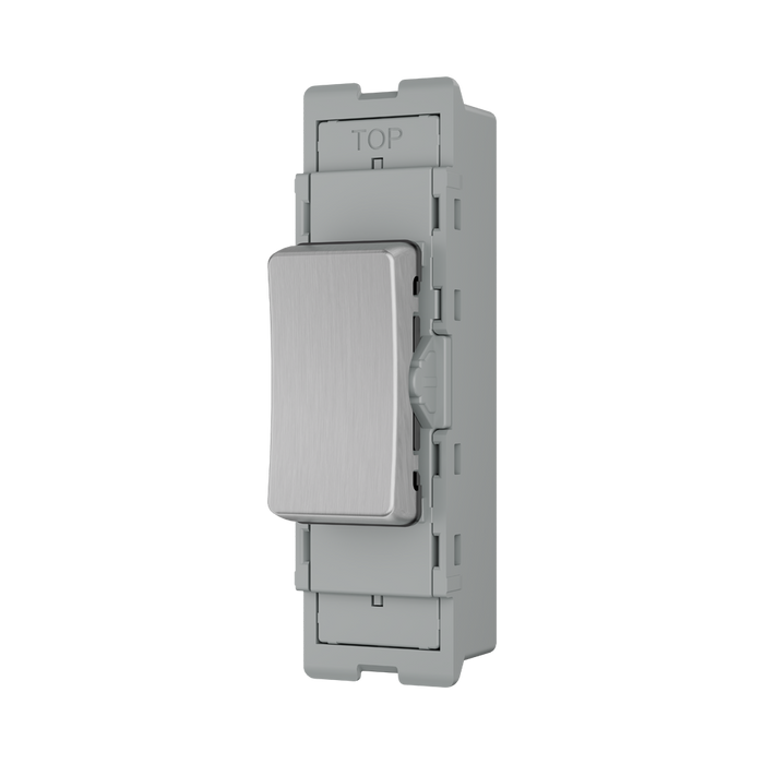 BG GridLite Brushed Steel 20A 2 Way Single Pole Centre-Off Switch Module MBS12C – angled view