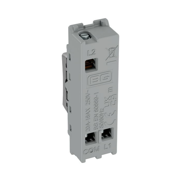 BG GridLite Brushed Steel 20A 2 Way Single Pole Centre-Off Switch Module MBS12C – side view