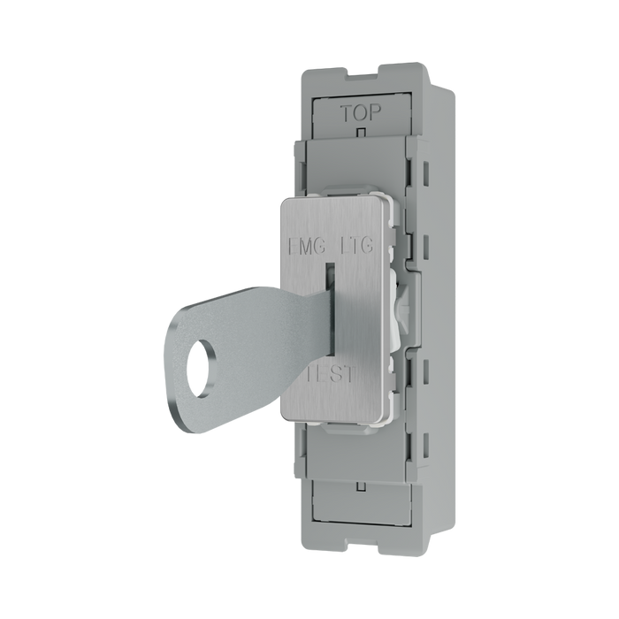 BG GridLite Brushed Steel 20A 16AX 2 Way Single Pole Emergency Lighting Test Key Switch Module MBS12EL – angled view