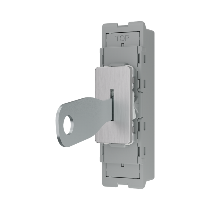 BG GridLite Brushed Steel 20A 16AX 2 Way Single Pole Key Switch Module MBS12KY – angled view