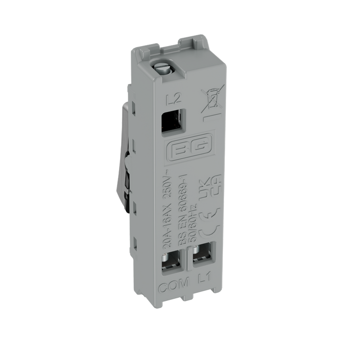 BG GridLite Brushed Steel 20A 16AX 2 Way Single Pole Switch Module MBS12 – side view