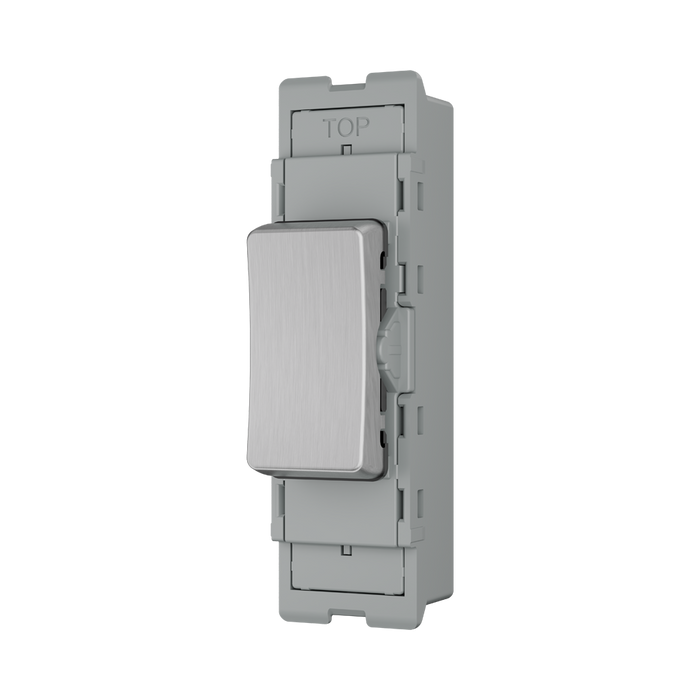 BG GridLite Brushed Steel 20A 2 Way Single Pole Retractive Centre-Off Switch Module MBS142C – angled view