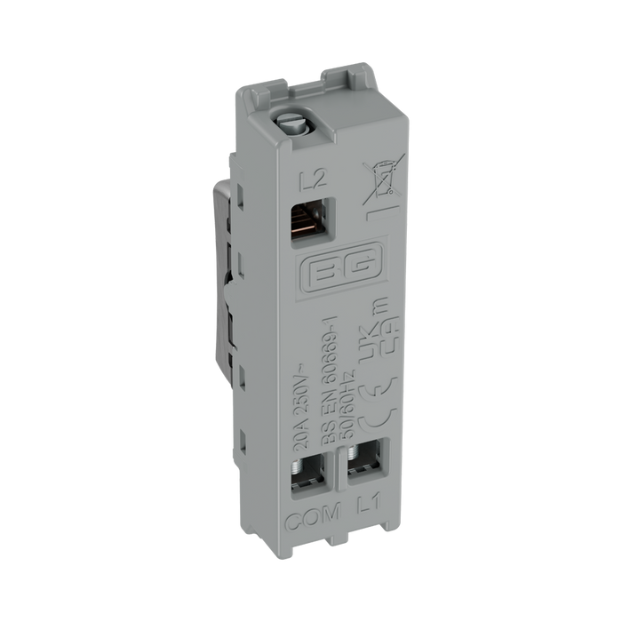 BG GridLite Brushed Steel 20A 2 Way Single Pole Retractive Centre-Off Switch Module MBS142C – side view