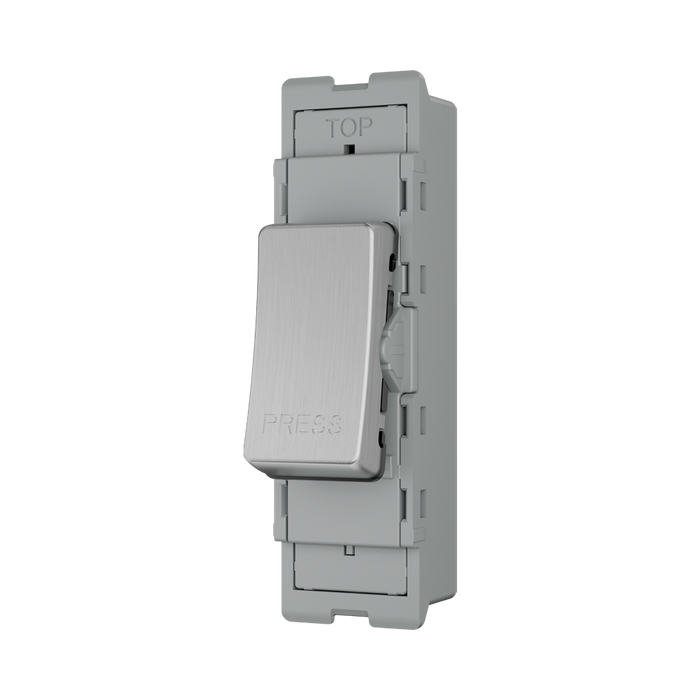 BG GridLite Brushed Steel 20A 1 Way Retractive PRESS Switch Module MBS14PR – angled view