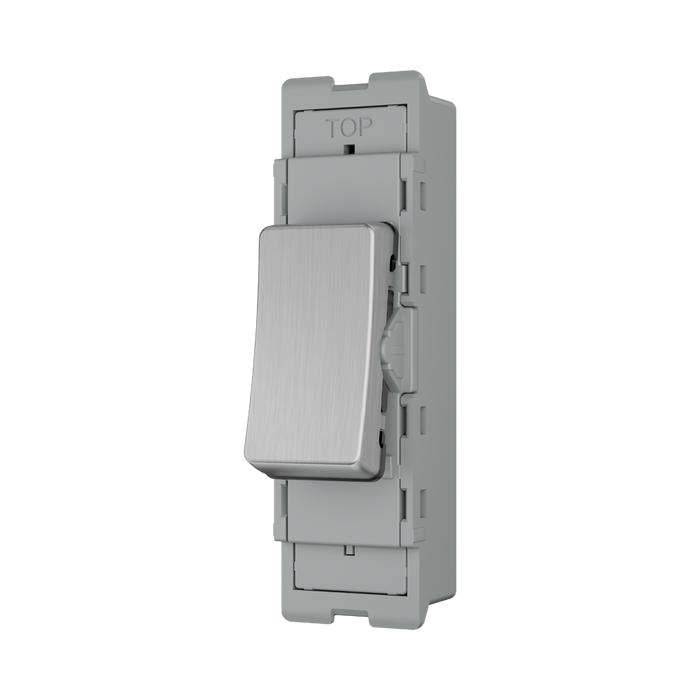 BG GridLite Brushed Steel 20A 1 Way Retractive Switch Module MBS14 – angled view