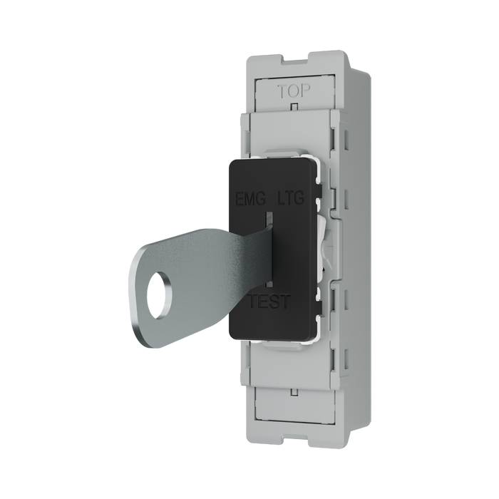 BG GridLite Matt Black 20A 16AX 2 Way Single Pole Emergency Lighting Test Key Switch Module MFB12EL – angled view