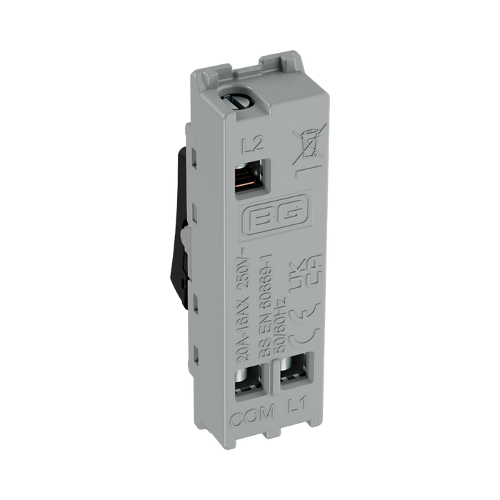 BG GridLite Matt Black 20A 16AX 2 Way Single Pole Switch Module MFB12 – side view