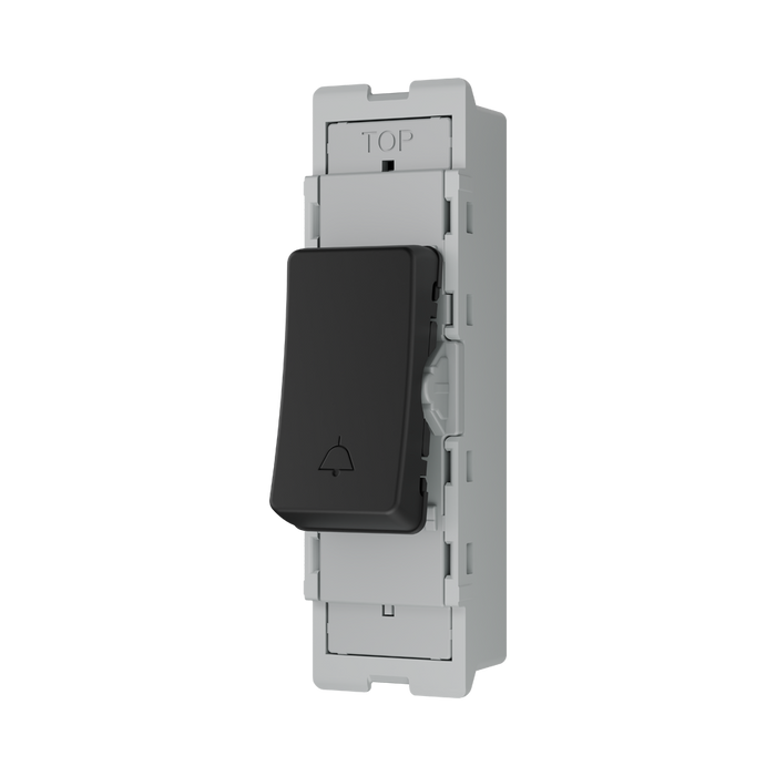 BG GridLite Matt Black 20A 2 Way Retractive Bell Symbol Switch Module MFB142BELL – angled view