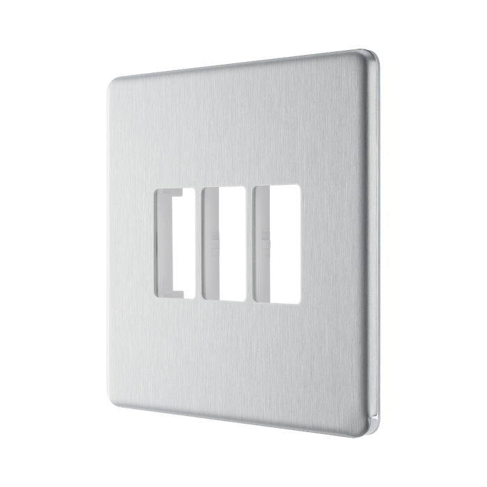 BG GridLite Flatplate Screwless Brushed Steel 3G Grid Plate MFBS3 – angled view