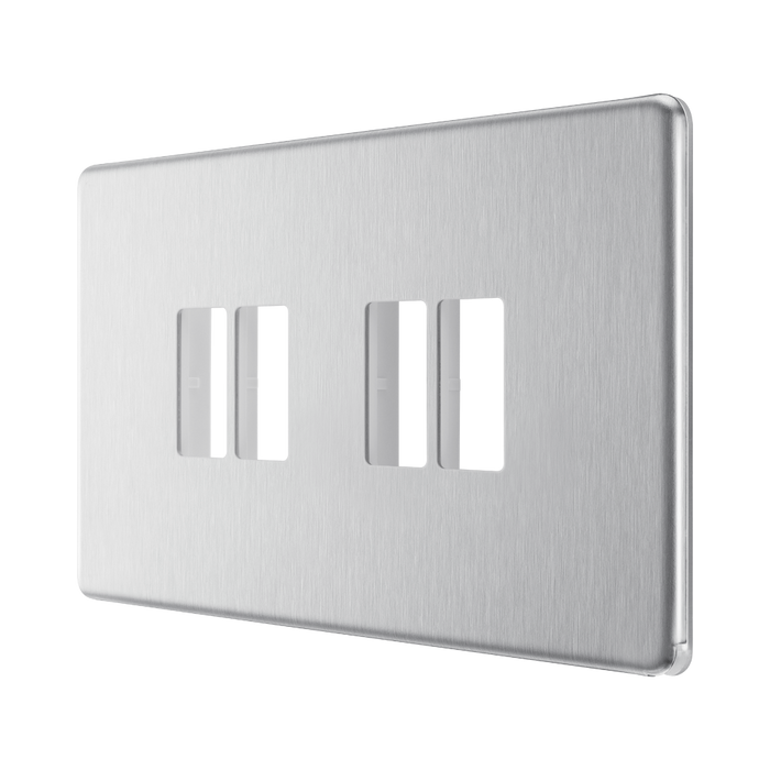 BG GridLite Flatplate Screwless Brushed Steel 4G Grid Plate MFBS4 – angled view