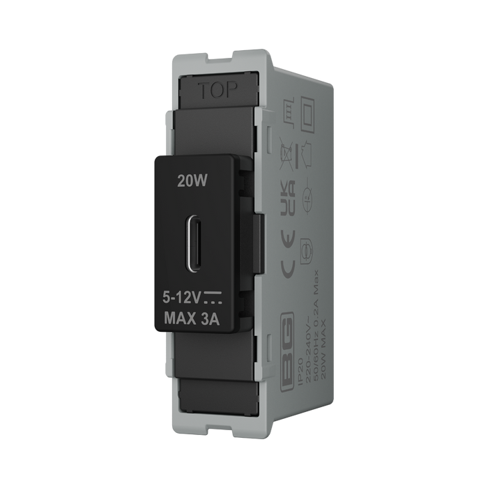 BG GridLite Matt Black 20W USB-C Charging Module MFBUSBC20B – angled view