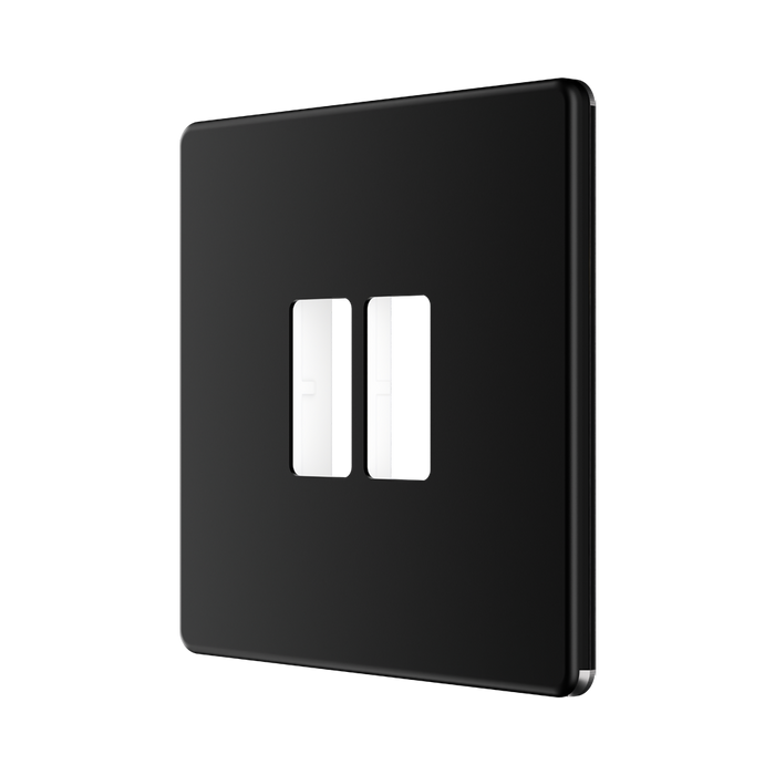 BG GridLite Flatplate Screwless Matt Black 2G Grid Plate MFFB2 – angled view