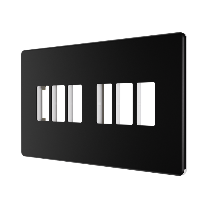 BG GridLite Flatplate Screwless Matt Black 6G Grid Plate MFFB6 – angled view