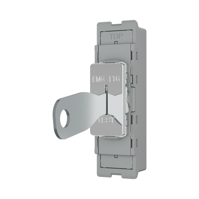 BG GridLite Polished Chrome 20A 16AX 2 Way Single Pole Emergency Lighting Test Key Switch Module MPC12EL – angled view