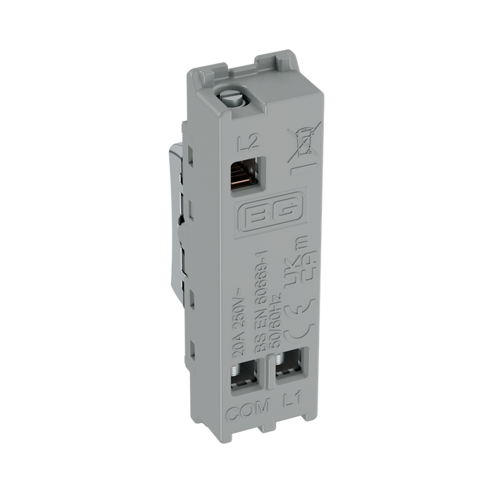 BG GridLite Polished Chrome 20A 2 Way Single Pole Retractive Centre-Off Switch Module MPC142C – side view
