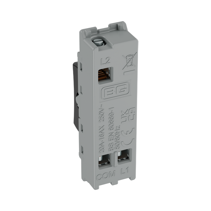 BG GridLite Evolve Gloss Black 20A 2 Way Single Pole Centre-Off Switch Module MPCDB12C – side view