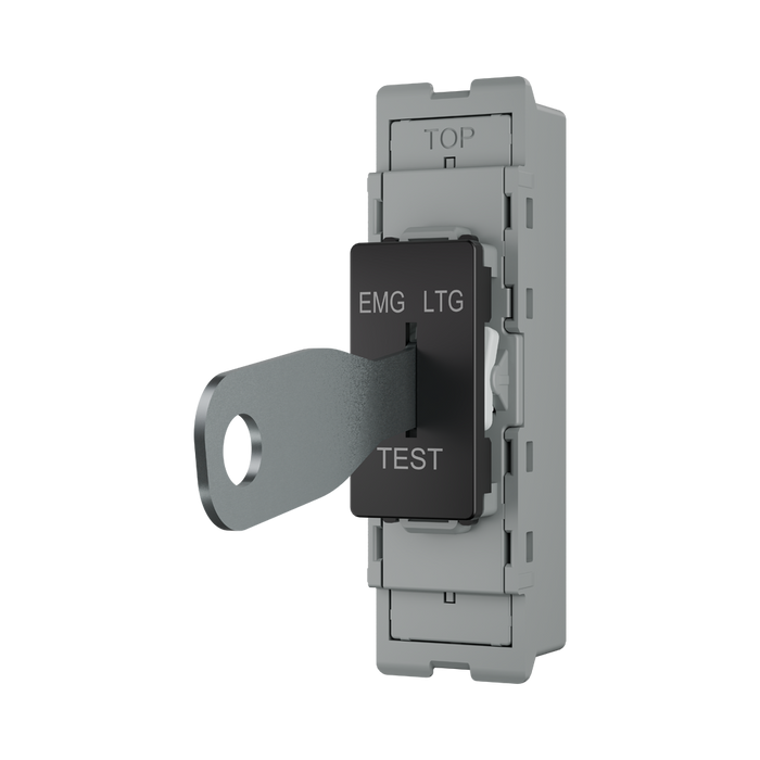 BG GridLite Evolve Gloss Black 20A 16AX 2 Way Single Pole Emergency Lighting Test Key Switch Module MPCDB12EL – angled view