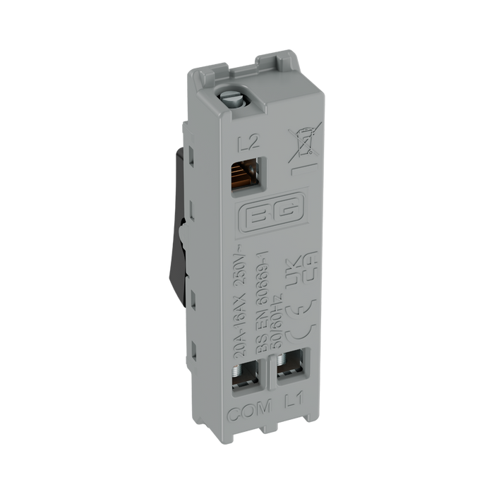 BG GridLite Evolve Gloss Black 20A 16AX 2 Way Single Pole Switch Module MPCDB12 – side view