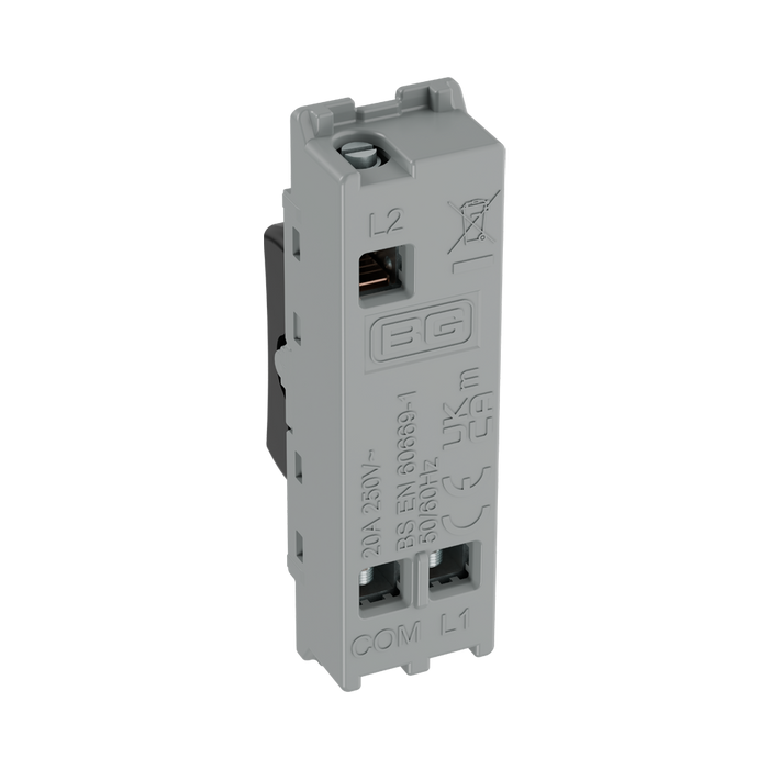 BG GridLite Evolve Gloss Black 20A 2 Way Single Pole Retractive Centre-Off Switch Module MPCDB142C – side view