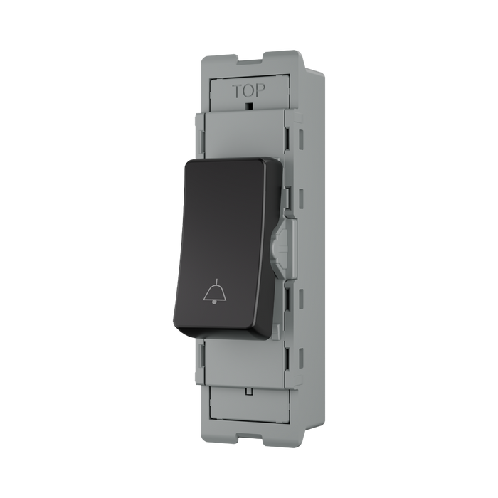 BG GridLite Evolve Gloss Black 20A 1 Way Retractive Bell Symbol Switch Module MPCDB14BELL – angled view