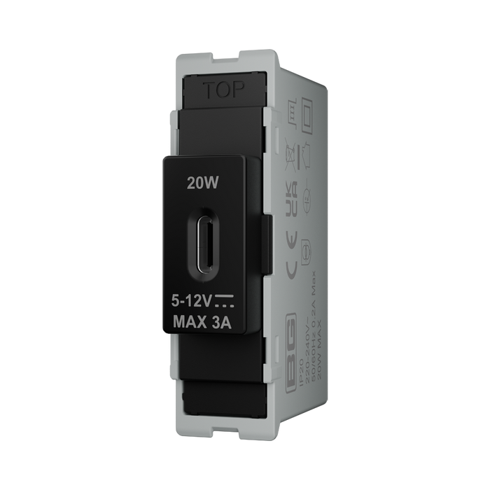 BG GridLite Evolve Gloss Black 20W USB-C Charging Module MPCDBUSBC20 – angled view
