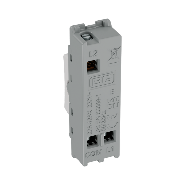 BG GridLite Evolve Gloss White 20A 2 Way Single Pole Centre-Off Switch Module MPCDW12C – side view