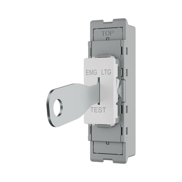 BG GridLite Evolve Gloss White 20A 16AX 2 Way Single Pole Emergency Lighting Test Key Switch Module MPCDW12EL – angled view