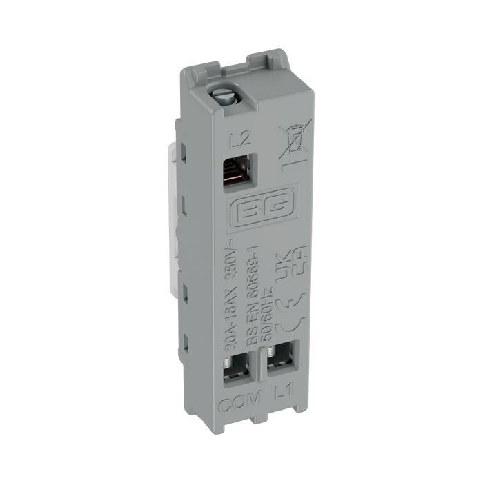 BG GridLite Evolve Gloss White 20A 16AX 2 Way Single Pole Key Switch Module MPCDW12KY – side view