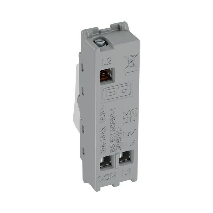 BG GridLite Evolve Gloss White 20A 16AX 2 Way Single Pole Switch Module MPCDW12 – side view