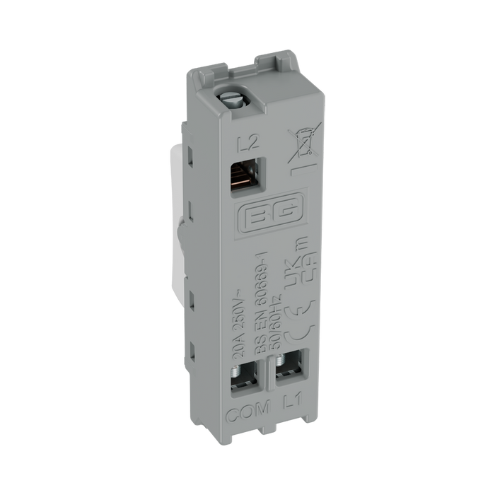 BG GridLite Evolve Gloss White 20A 2 Way Single Pole Retractive Centre-Off Switch Module MPCDW142C – side view