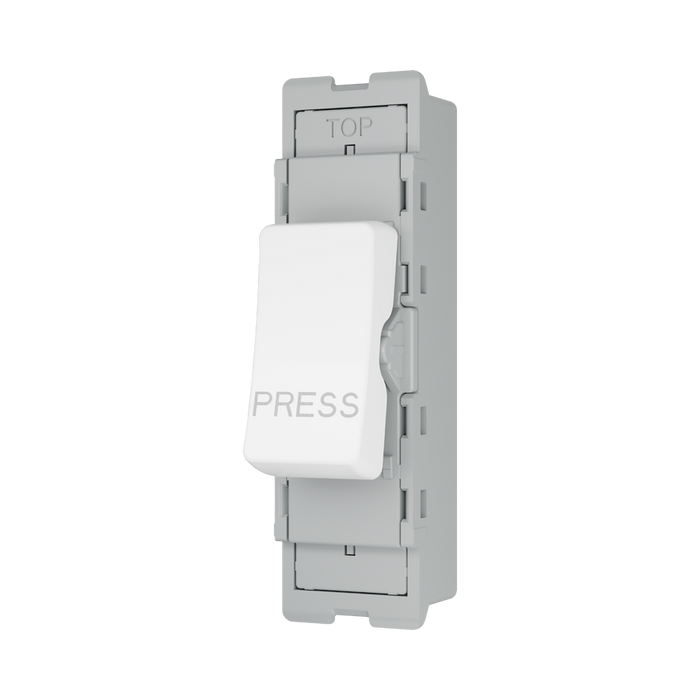 BG GridLite Evolve Gloss White 20A 2 Way Retractive PRESS Switch Module MPCDW142PR – angled view