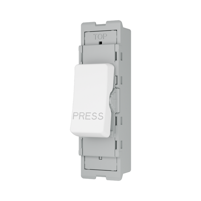 BG GridLite Evolve Gloss White 20A 1 Way Retractive PRESS Switch Module MPCDW14PR – angled view