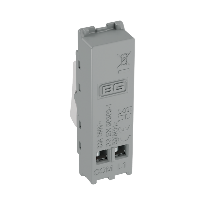 BG GridLite Evolve Gloss White 20A 1 Way Retractive Switch Module MPCDW14 – side view