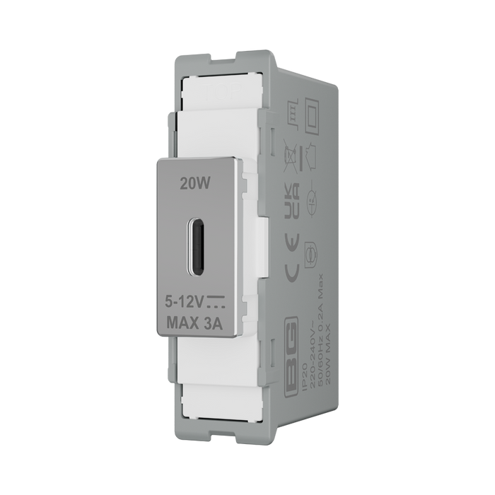 BG GridLite Polished Chrome 20W USB-C Charging Module MPCUSBC20W – angled view