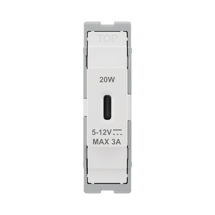 BG GridLite White Moulded White 20W USB-C Charging Module MUSBC20 – front view