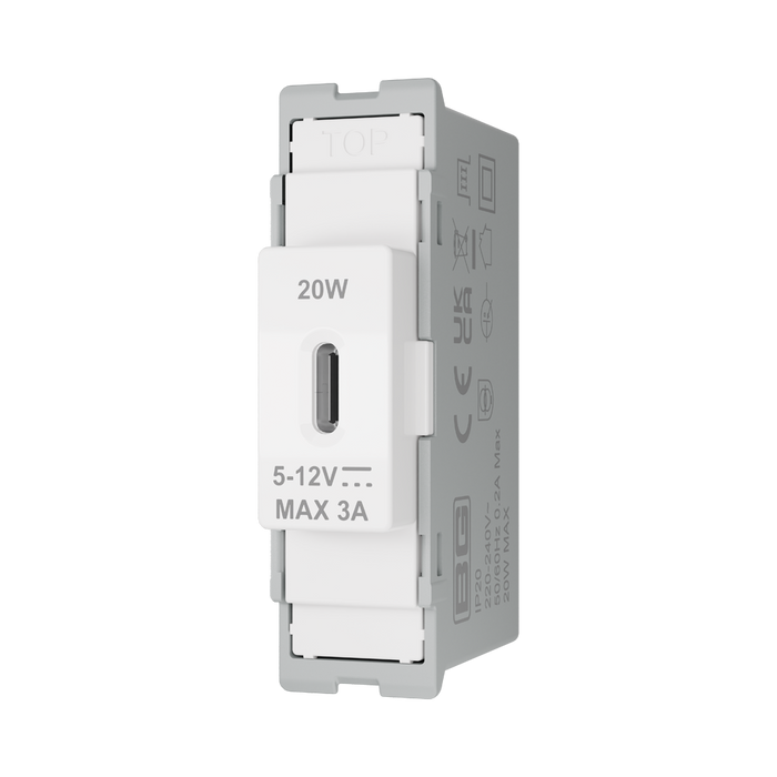 BG GridLite White Moulded White 20W USB-C Charging Module MUSBC20 – angled view
