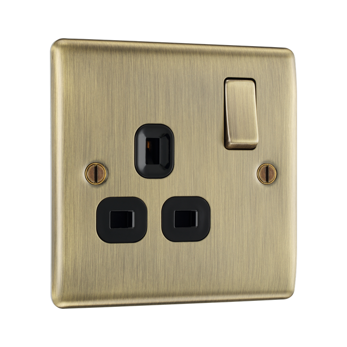 BG Nexus Metal Antique Brass 13A Single Socket NAB21B – angled front view