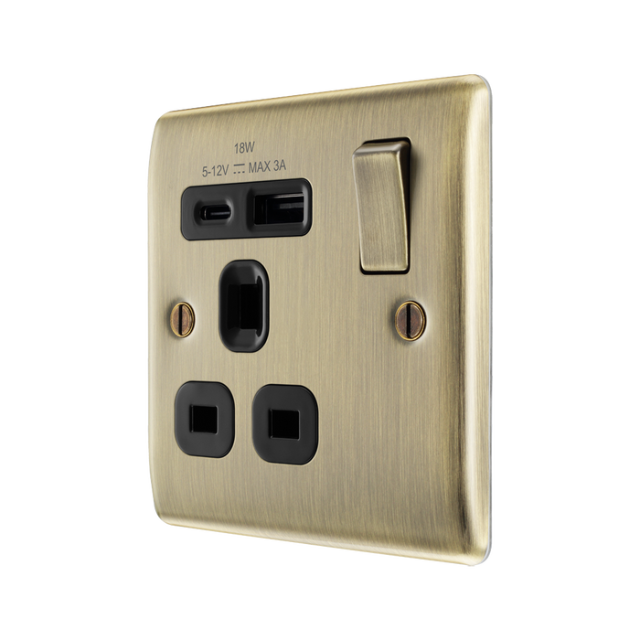 BG Nexus Metal Antique Brass 13A Single USB Socket with 18W A+C NAB21UAC18B
