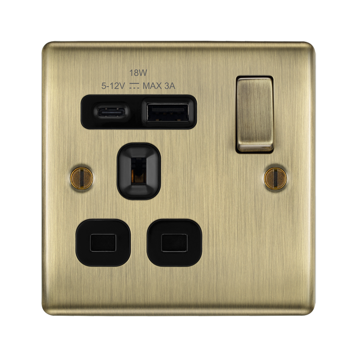 BG Nexus Metal Antique Brass 13A Single USB Socket with 18W A+C NAB21UAC18B