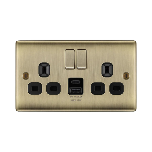 BG Nexus Metal Antique Brass 13A Double USB Socket with 12W A+C NAB22UAC12B