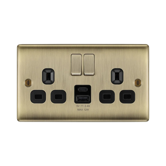 BG Nexus Metal Antique Brass 13A Double USB Socket with 12W A+C NAB22UAC12B