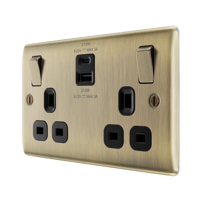 BG Nexus Metal Antique Brass 13A Double USB Socket with 22W A+C NAB22UAC22B