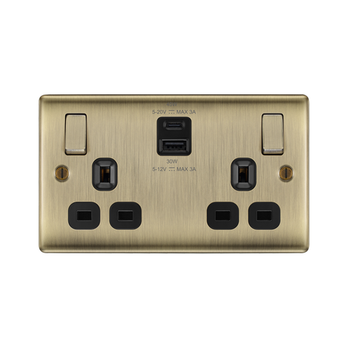 BG Nexus Metal Antique Brass 13A Double USB Socket with 45W A+C NAB22UAC45B