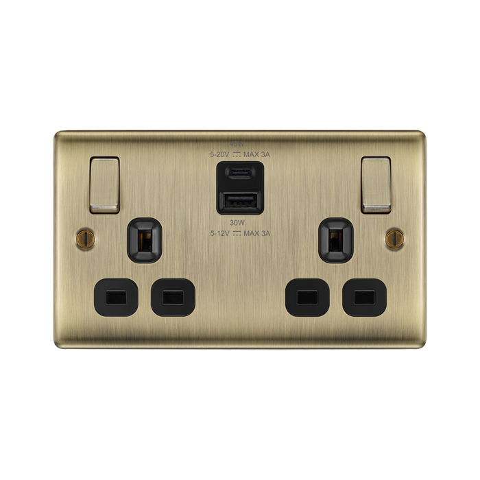 BG Nexus Metal Antique Brass 13A Double USB Socket with 45W A+C NAB22UAC45B