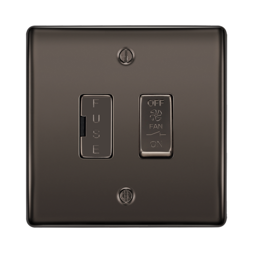 Bronze electrical switch with fuse and fan control indicators on a white background