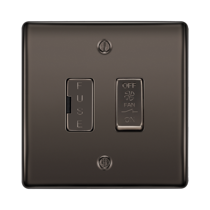 Bronze electrical switch with fuse and fan control indicators on a white background
