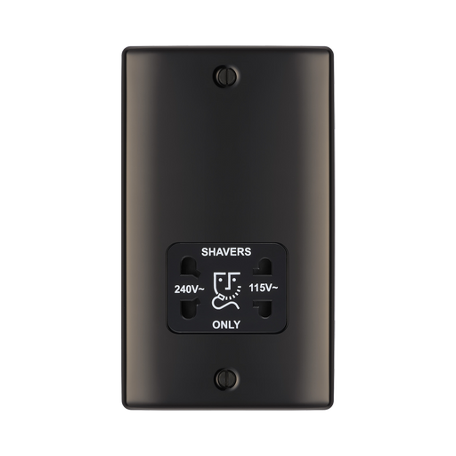 Black wall socket with 'Shavers Only' label on a white background